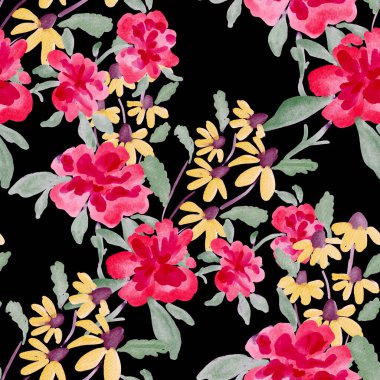Bahar çiçekleriyle suluboya kusursuz desen. Klasik botanik çizimi. Her türlü tasarım için zarif bir dekorasyon. Renkli ve soyut çiçekli moda baskısı. Suluboya dokusu.