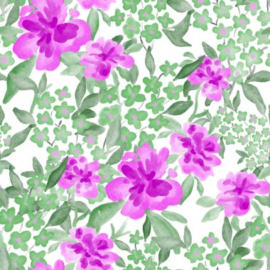 Bahar çiçekleriyle suluboya kusursuz desen. Klasik botanik çizimi. Her türlü tasarım için zarif bir dekorasyon. Renkli ve soyut çiçekli moda baskısı. Suluboya dokusu.