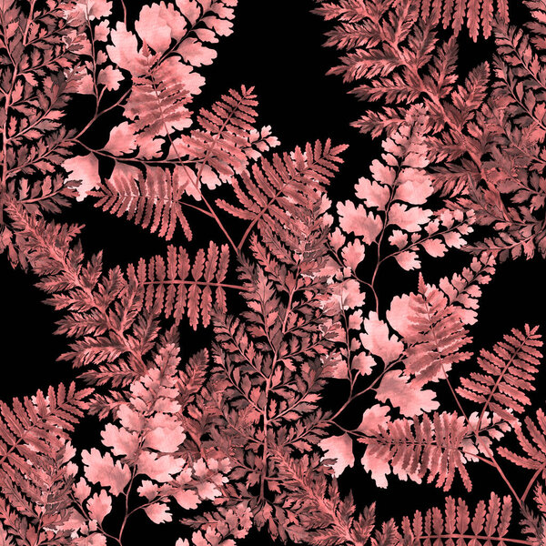 Watercolor seamless pattern with fern leaves. Foliage decoration. Vintage botanical exotic illustration wallpaper.