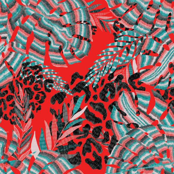Moderna Abstrakta Sömlösa Mönster Med Kreativa Färgglada Tropiska Blad Och — Stockfoto