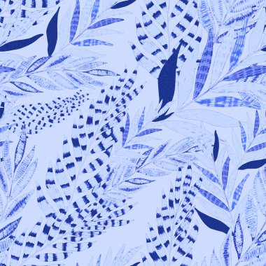 Yaratıcı renkli tropikal yaprakları olan modern, soyut, pürüzsüz desen. Geçmişe dönük parlak yaz geçmişi. Orman yaprakları çizimi. Mayo botanik tasarımı. Antika egzotik baskı.