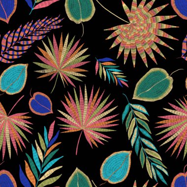 Yaratıcı renkli tropikal yaprakları olan modern, soyut, pürüzsüz desen. Geçmişe dönük parlak yaz geçmişi. Orman yaprakları çizimi. Mayo botanik tasarımı. Antika egzotik baskı.