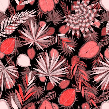Yaratıcı renkli tropikal yaprakları olan modern, soyut, pürüzsüz desen. Geçmişe dönük parlak yaz geçmişi. Orman yaprakları çizimi. Mayo botanik tasarımı. Antika egzotik baskı.