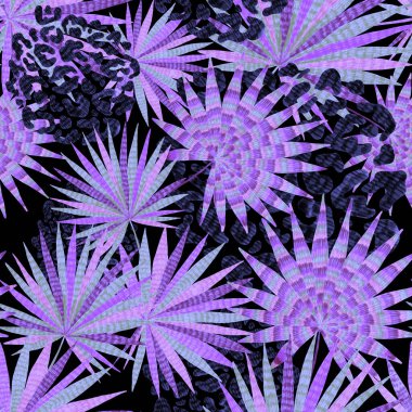 Yaratıcı renkli tropikal yaprakları ve leopar benekleri olan modern soyut ve pürüzsüz desen. Geçmişe dönük parlak yaz geçmişi. Orman yaprakları çizimi. Mayo botanik tasarımı. Antika egzotik baskı.