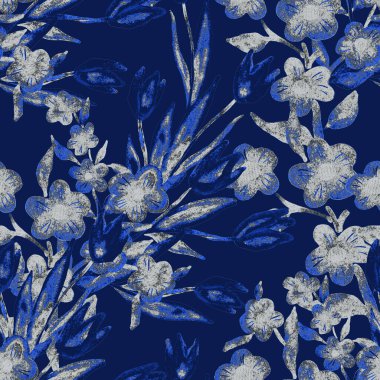 Bahar çiçekleriyle suluboya kusursuz desen. Klasik botanik çizimi. Her türlü tasarım için zarif bir dekorasyon. Renkli ve soyut çiçekli moda baskısı. Suluboya dokusu.
