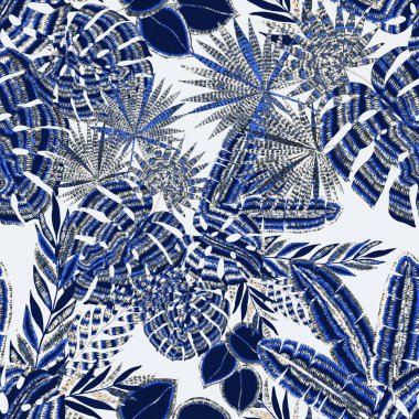 Yaratıcı renkli tropikal yaprakları olan modern, soyut, pürüzsüz desen. Geçmişe dönük parlak yaz geçmişi. Orman yaprakları çizimi. Mayo botanik tasarımı. Antika egzotik baskı.