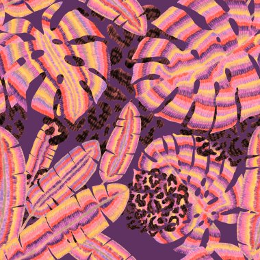 Yaratıcı renkli tropikal yaprakları ve leopar benekleri olan modern soyut ve pürüzsüz desen. Geçmişe dönük parlak yaz geçmişi. Orman yaprakları çizimi. Mayo botanik tasarımı. Antika egzotik baskı.