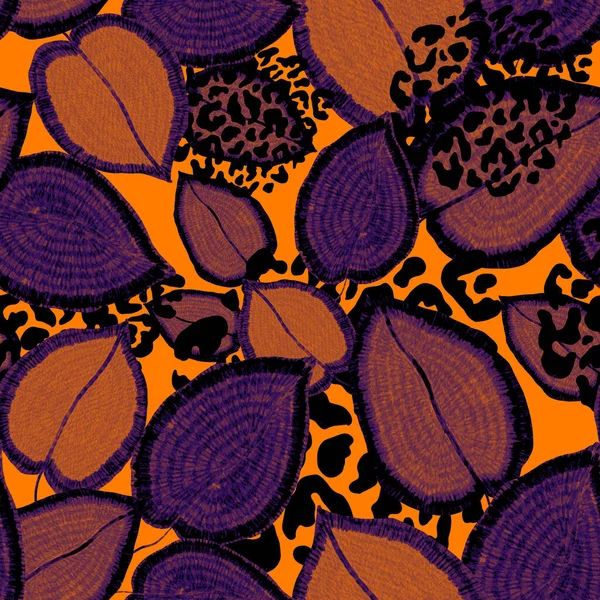 Moderní Abstraktní Bezešvý Vzor Kreativními Barevnými Tropickými Listy Leopardími Skvrnami — Stock fotografie