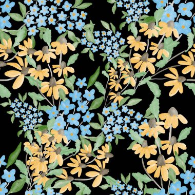 Bahar çiçekleriyle suluboya kusursuz desen. Klasik botanik çizimi. Her türlü tasarım için zarif bir dekorasyon. Renkli ve soyut çiçekli moda baskısı. Suluboya dokusu.