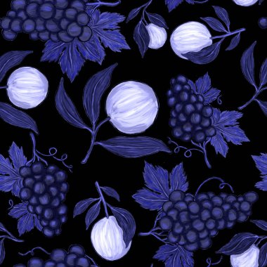 Meyveli, limonlu, portakallı, üzümlü ve narlı yaratıcı kusursuz desen. Yağlı boya etkisi. Parlak yaz baskısı. Her amaç için harika bir tasarım