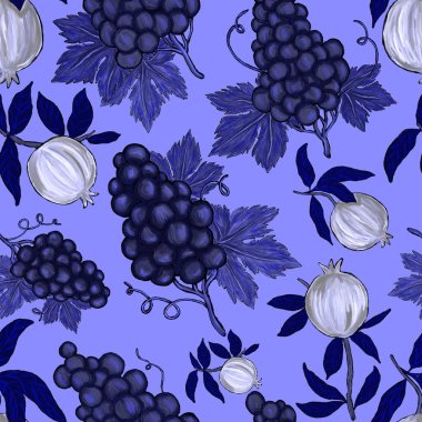 Meyveli, limonlu, portakallı, üzümlü ve narlı yaratıcı kusursuz desen. Yağlı boya etkisi. Parlak yaz baskısı. Her amaç için harika bir tasarım