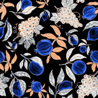 Meyveli, limonlu, portakallı, üzümlü ve narlı yaratıcı kusursuz desen. Yağlı boya etkisi. Parlak yaz baskısı. Her amaç için harika bir tasarım