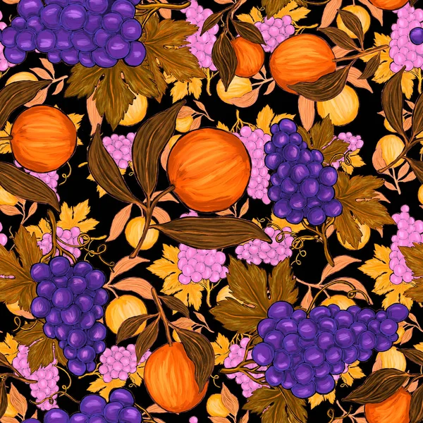 Creative seamless pattern with fruits: lemons, oranges, grapes and pomegranates. Oil paint effect. Bright summer print. Great design for any purposes