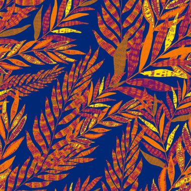 Yaratıcı renkli tropikal yaprakları olan modern, soyut, pürüzsüz desen. Geçmişe dönük parlak yaz geçmişi. Orman yaprakları çizimi. Mayo botanik tasarımı. Antika egzotik baskı.