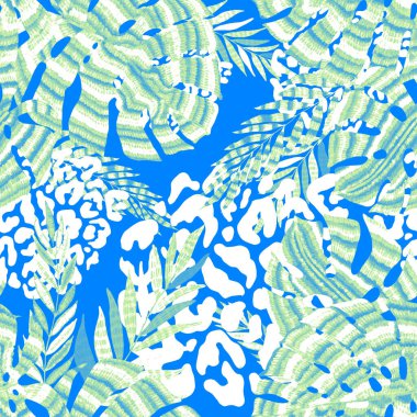 Yaratıcı renkli tropikal yaprakları ve leopar benekleri olan modern soyut ve pürüzsüz desen. Geçmişe dönük parlak yaz geçmişi. Orman yaprakları çizimi. Mayo botanik tasarımı. Antika egzotik baskı.