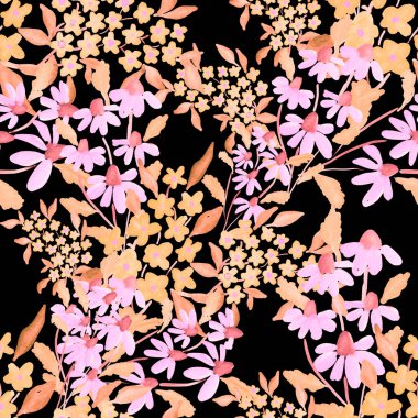 Bahar çiçekleriyle suluboya kusursuz desen. Klasik botanik çizimi. Her türlü tasarım için zarif bir dekorasyon. Renkli ve soyut çiçekli moda baskısı. Suluboya dokusu.