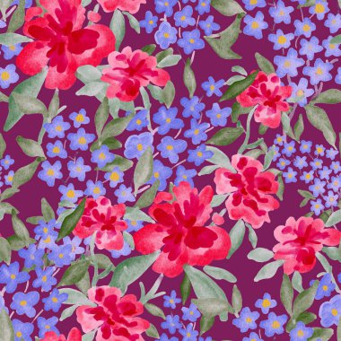 Bahar çiçekleriyle suluboya kusursuz desen. Klasik botanik çizimi. Her türlü tasarım için zarif bir dekorasyon. Renkli ve soyut çiçekli moda baskısı. Suluboya dokusu.