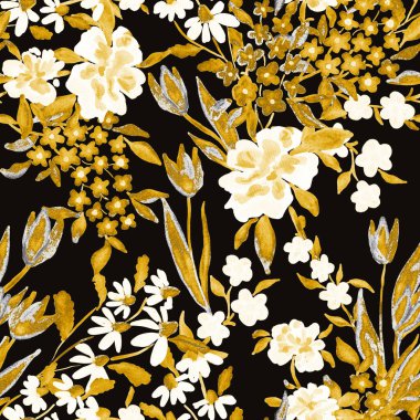Bahar çiçekleriyle suluboya kusursuz desen. Klasik botanik çizimi. Her türlü tasarım için zarif bir dekorasyon. Renkli ve soyut çiçekli moda baskısı. Suluboya dokusu.