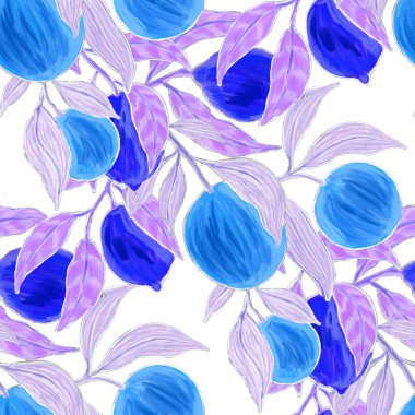 Meyveli, limonlu, portakallı, üzümlü ve narlı yaratıcı kusursuz desen. Yağlı boya etkisi. Parlak yaz baskısı. Her amaç için harika bir tasarım