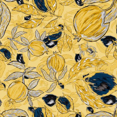 Meyveli, limonlu, portakallı, üzümlü ve narlı yaratıcı kusursuz desen. Yağlı boya etkisi. Parlak yaz baskısı. Her amaç için harika bir tasarım