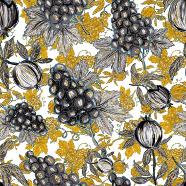 Meyveli, limonlu, portakallı, üzümlü ve narlı yaratıcı kusursuz desen. Yağlı boya etkisi. Parlak yaz baskısı. Her amaç için harika bir tasarım
