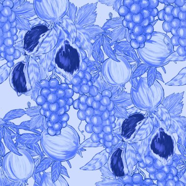 Meyveli, limonlu, portakallı, üzümlü ve narlı yaratıcı kusursuz desen. Yağlı boya etkisi. Parlak yaz baskısı. Her amaç için harika bir tasarım