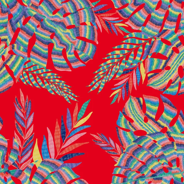 Moderna Abstrakta Sömlösa Mönster Med Kreativa Färgglada Tropiska Blad Retro — Stockfoto