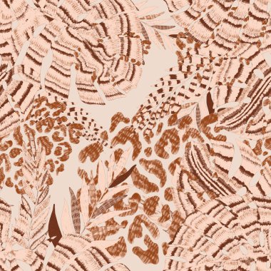 Yaratıcı renkli tropikal yaprakları ve leopar benekleri olan modern soyut ve pürüzsüz desen. Geçmişe dönük parlak yaz geçmişi. Orman yaprakları çizimi. Mayo botanik tasarımı. Antika egzotik baskı.