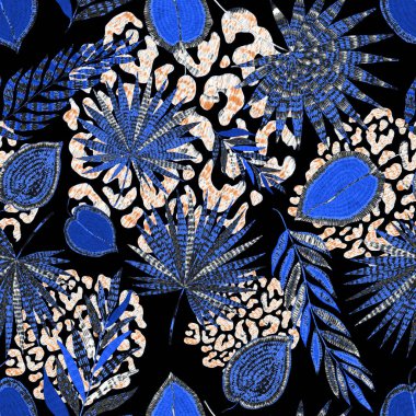 Yaratıcı renkli tropikal yaprakları ve leopar benekleri olan modern soyut ve pürüzsüz desen. Geçmişe dönük parlak yaz geçmişi. Orman yaprakları çizimi. Mayo botanik tasarımı. Antika egzotik baskı.