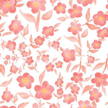 Bahar çiçekleriyle suluboya kusursuz desen. Klasik botanik çizimi. Her türlü tasarım için zarif bir dekorasyon. Renkli ve soyut çiçekli moda baskısı. Suluboya dokusu.