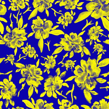 Bahar çiçekleriyle suluboya kusursuz desen. Klasik botanik çizimi. Her türlü tasarım için zarif bir dekorasyon. Renkli ve soyut çiçekli moda baskısı. Suluboya dokusu.