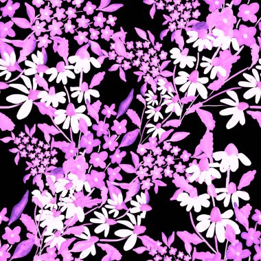 Bahar çiçekleriyle suluboya kusursuz desen. Klasik botanik çizimi. Her türlü tasarım için zarif bir dekorasyon. Renkli ve soyut çiçekli moda baskısı. Suluboya dokusu.