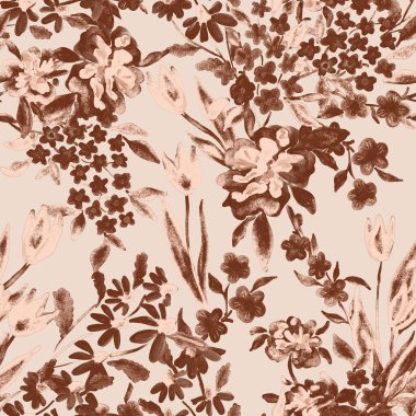 Bahar çiçekleriyle suluboya kusursuz desen. Klasik botanik çizimi. Her türlü tasarım için zarif bir dekorasyon. Renkli ve soyut çiçekli moda baskısı. Suluboya dokusu.