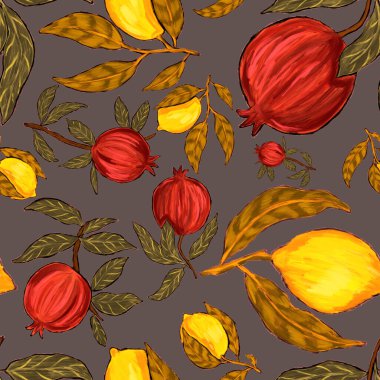 Meyveli, limonlu, portakallı, üzümlü ve narlı yaratıcı kusursuz desen. Yağlı boya etkisi. Parlak yaz baskısı. Her amaç için harika bir tasarım