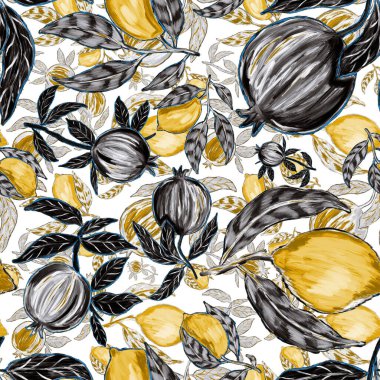 Meyveli, limonlu, portakallı, üzümlü ve narlı yaratıcı kusursuz desen. Yağlı boya etkisi. Parlak yaz baskısı. Her amaç için harika bir tasarım