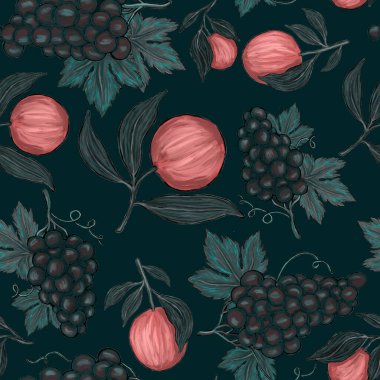 Meyveli, limonlu, portakallı, üzümlü ve narlı yaratıcı kusursuz desen. Yağlı boya etkisi. Parlak yaz baskısı. Her amaç için harika bir tasarım