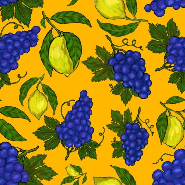 Meyveli, limonlu, portakallı, üzümlü ve narlı yaratıcı kusursuz desen. Yağlı boya etkisi. Parlak yaz baskısı. Her amaç için harika bir tasarım
