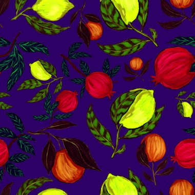 Meyveli, limonlu, portakallı, üzümlü ve narlı yaratıcı kusursuz desen. Yağlı boya etkisi. Parlak yaz baskısı. Her amaç için harika bir tasarım