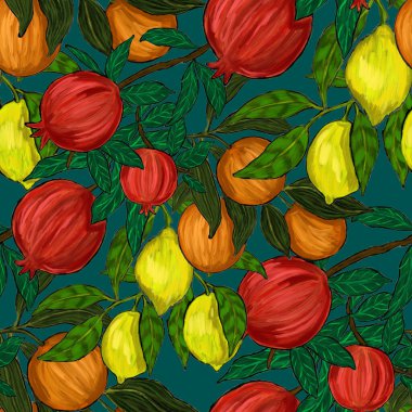 Meyveli, limonlu, portakallı, üzümlü ve narlı yaratıcı kusursuz desen. Yağlı boya etkisi. Parlak yaz baskısı. Her amaç için harika bir tasarım