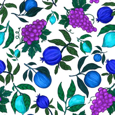 Meyveli, limonlu, portakallı, üzümlü ve narlı yaratıcı kusursuz desen. Yağlı boya etkisi. Parlak yaz baskısı. Her amaç için harika bir tasarım