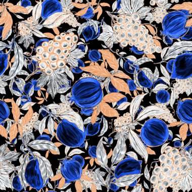 Meyveli, limonlu, portakallı, üzümlü ve narlı yaratıcı kusursuz desen. Yağlı boya etkisi. Parlak yaz baskısı. Her amaç için harika bir tasarım