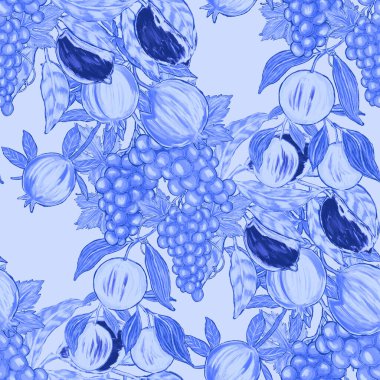 Meyveli, limonlu, portakallı, üzümlü ve narlı yaratıcı kusursuz desen. Yağlı boya etkisi. Parlak yaz baskısı. Her amaç için harika bir tasarım