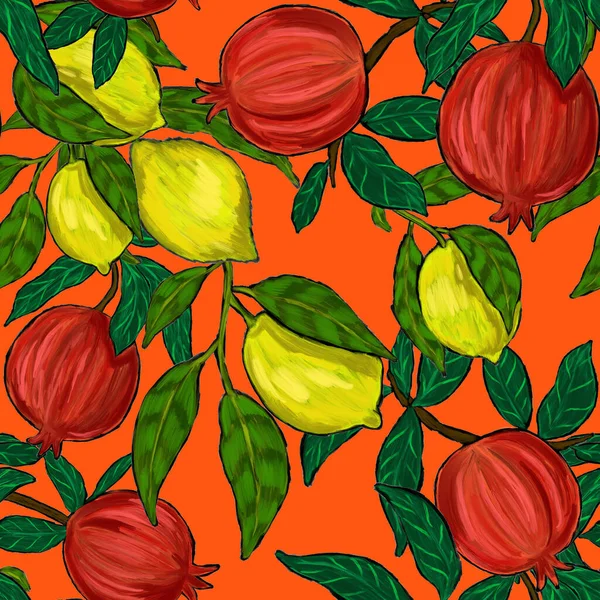 Patrón Creativo Sin Costuras Con Frutas Limones Naranjas Uvas Granadas — Foto de Stock