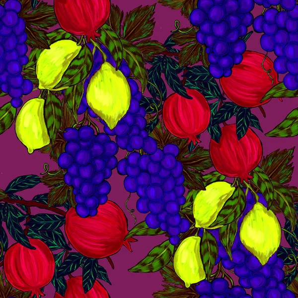 Padrão Sem Costura Criativo Com Frutas Limões Laranjas Uvas Romãs — Fotografia de Stock