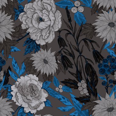 Çiçek buketli suluboya desenli. Klasik botanik çizimi. Her türlü tasarım için zarif bir dekorasyon. Renkli ve soyut çiçekli moda baskısı. Suluboya dokusu.