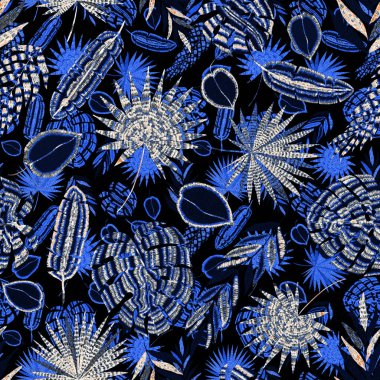 Yaratıcı renkli tropikal yaprakları olan modern, soyut, pürüzsüz desen. Geçmişe dönük parlak yaz geçmişi. Orman yaprakları çizimi. Mayo botanik tasarımı. Antika egzotik baskı.