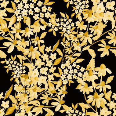 Bahar çiçekleriyle suluboya kusursuz desen. Klasik botanik çizimi. Her türlü tasarım için zarif bir dekorasyon. Renkli ve soyut çiçekli moda baskısı. Suluboya dokusu.