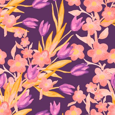 Bahar çiçekleriyle suluboya kusursuz desen. Klasik botanik çizimi. Her türlü tasarım için zarif bir dekorasyon. Renkli ve soyut çiçekli moda baskısı. Suluboya dokusu.