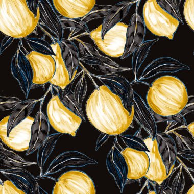 Meyveli, limonlu, portakallı, üzümlü ve narlı yaratıcı kusursuz desen. Yağlı boya etkisi. Parlak yaz baskısı. Her amaç için harika bir tasarım