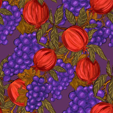 Meyveli, limonlu, portakallı, üzümlü ve narlı yaratıcı kusursuz desen. Yağlı boya etkisi. Parlak yaz baskısı. Her amaç için harika bir tasarım